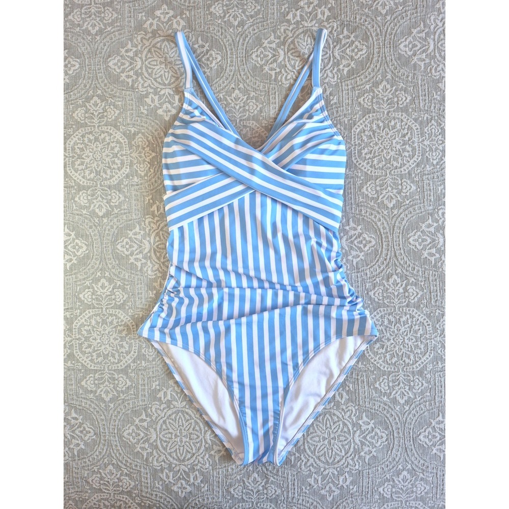 B2PRITY Womens Blue White Striped Ruched One Piece Swimsuit Size M